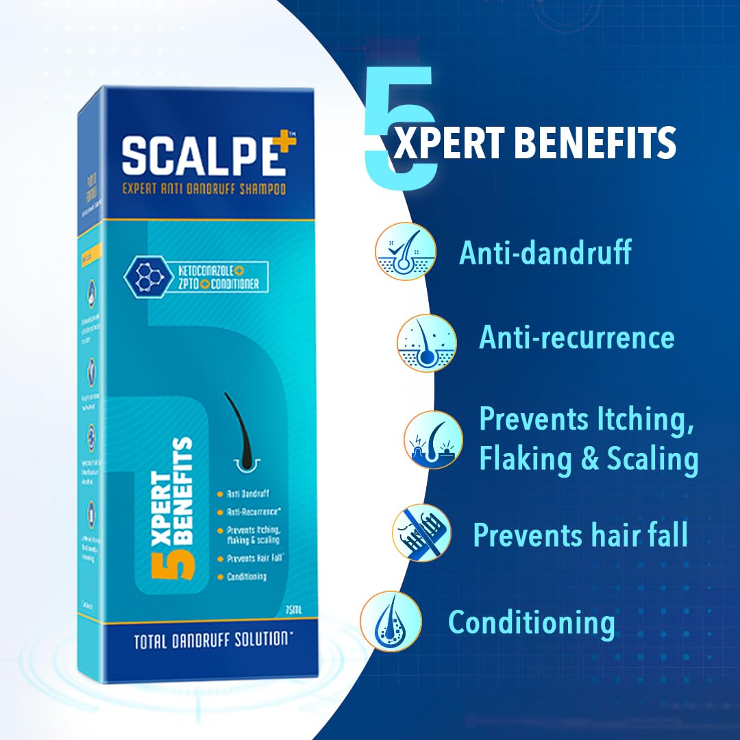 Scalpe+ Expert - Bottle of 75ml Anti Dandruff Shampoo for Men and Women with Ketoconazole and ZPTO