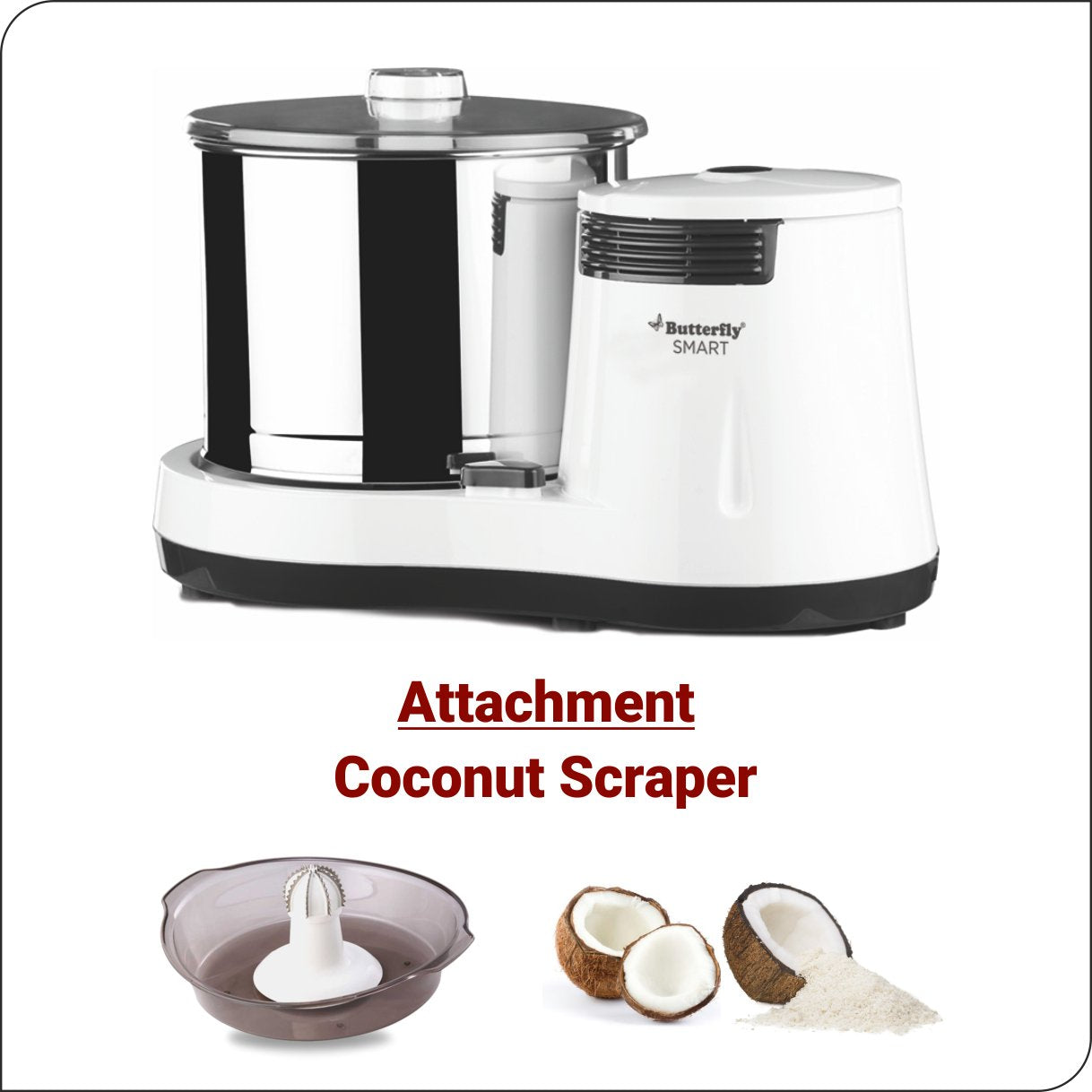 Butterfly Smart 2 Litres Table-Top Wet Grinder|150 Watts|Shockproof ABS Body| Coconut Scrapper Attachment|2 stones with 4-Way Grinding| Stainless Steel Drum | 2 Years Manufacturer's Warranty | White