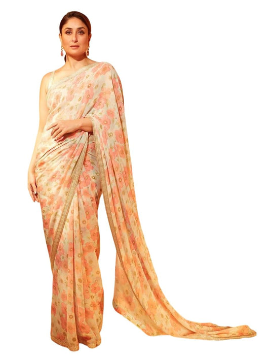 Sidhidata Women's Georgette Floral Printed Saree With Unstitched Blouse Piece (Kareena Flower_Cream_Free Size)