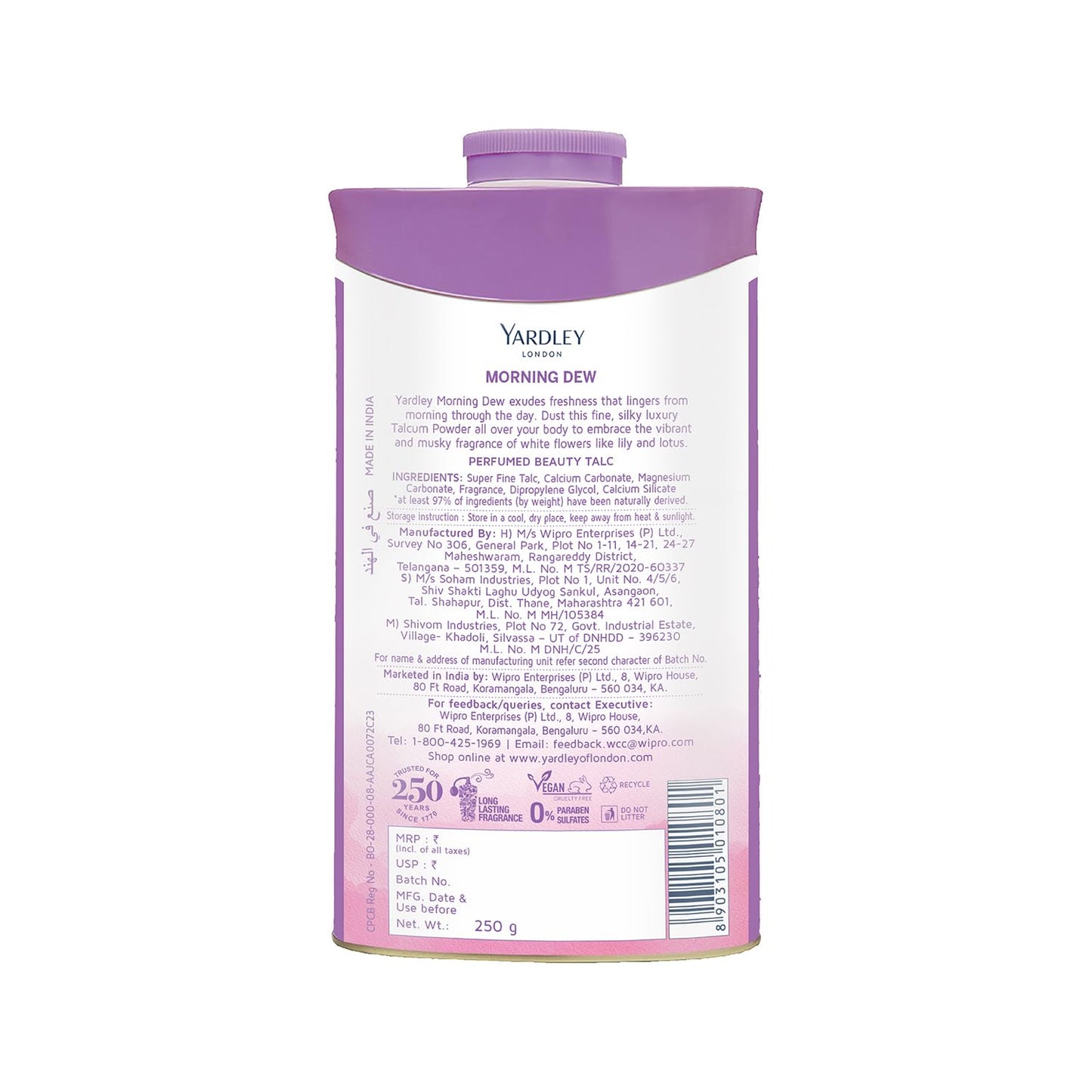 4x Yardley London Morning Dew Perfumed Talc for Women, 250g - Pack of 4