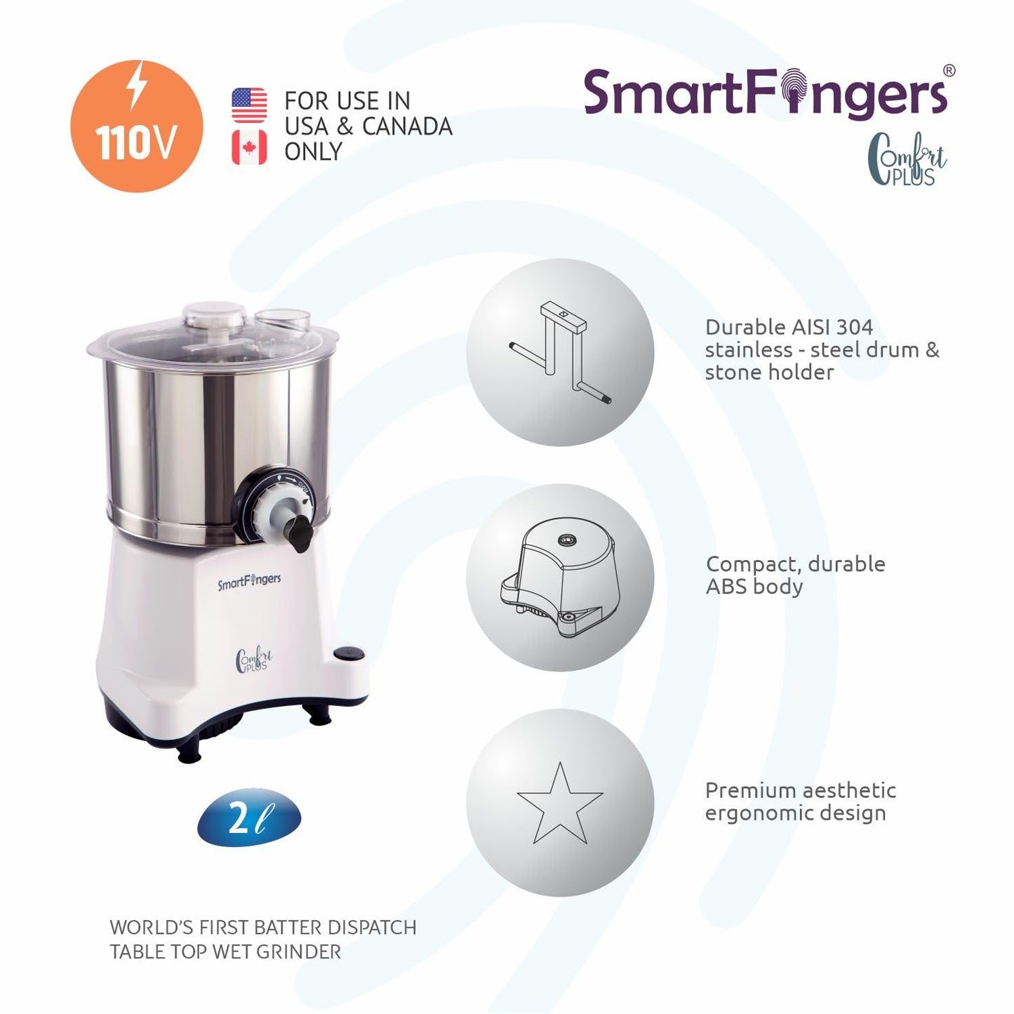 SmartFingers Stainless Steel Comfort Plus Table Top Magic Wet Grinder 110V 60Hz (2 L) For Usa Canada And Japan Only, White