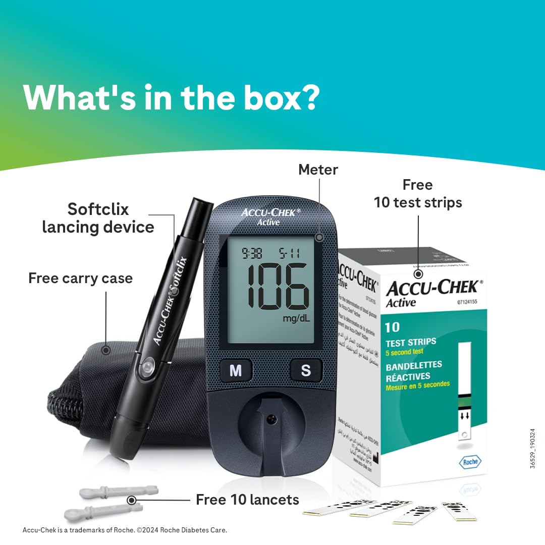 Accu-Chek Active Blood Glucose Glucometer Kit with Vial of 10 Strips, 10 Lancets and a Lancing device FREE