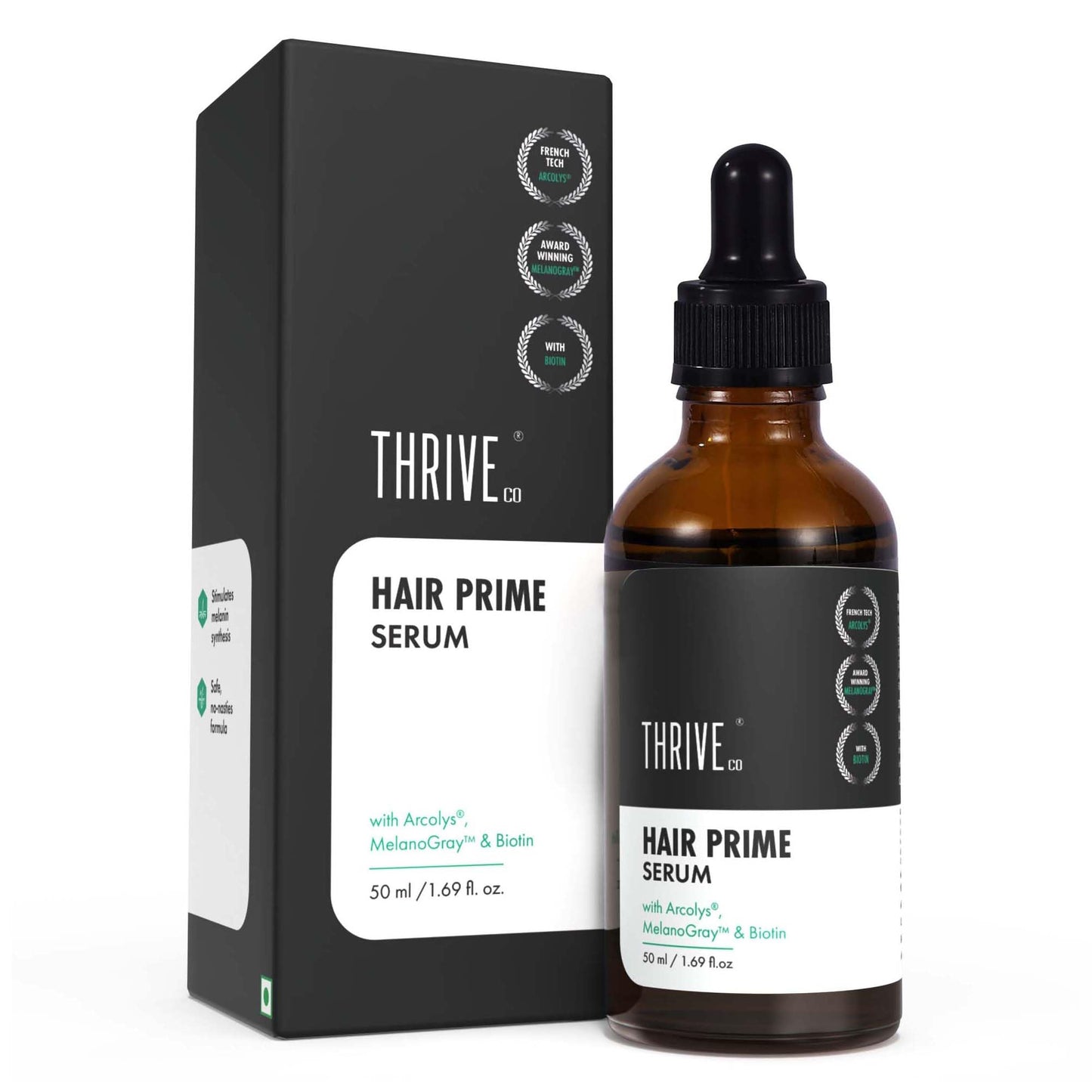 ThriveCo Anti-Grey Hair Prime Serum | Reverses & Limits Hair Greying | Arcolys + Biotin + Black Tea Extract | Light-Weight, Non-Sticky & Odourless | For Men and Women | 50 Ml