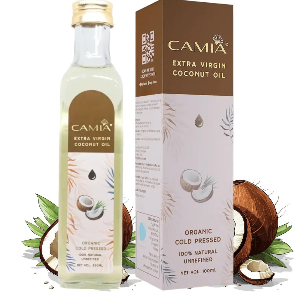 CAMIA Premium Coconut Oil for Skin & Hair | Cold Pressed & Organic Coconut Oil | 100% Pure, Natural, Undiluted, Unrefined Hair Oil | Ideal for Skiin & Hair | Free From Chemicals | 100 ML Glass Bottle