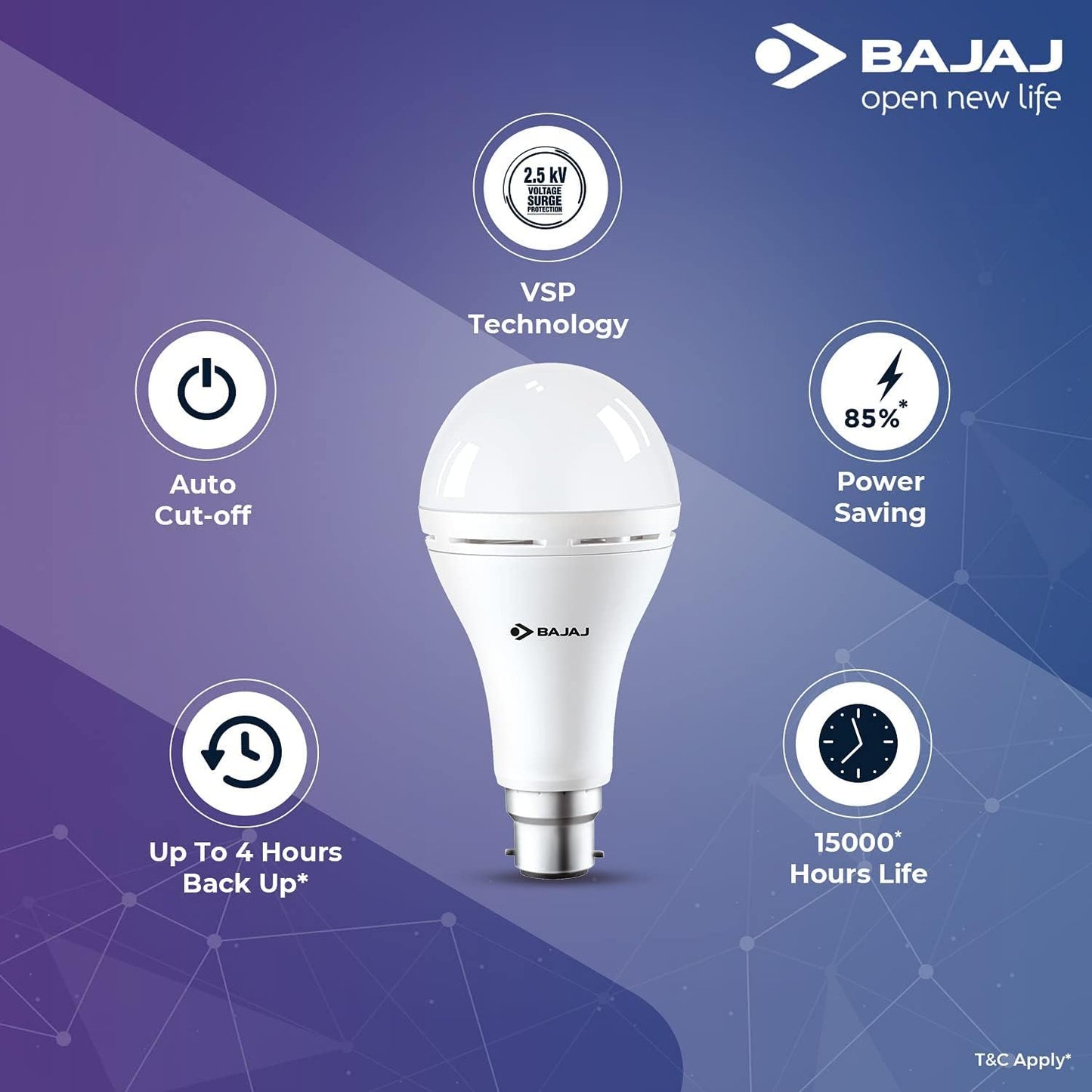 Bajaj LEDZ 8.5W Rechargeable Emergency Inverter LED Bulb, Cool Day Light, White, Upto 4 Hours Battery, b22d