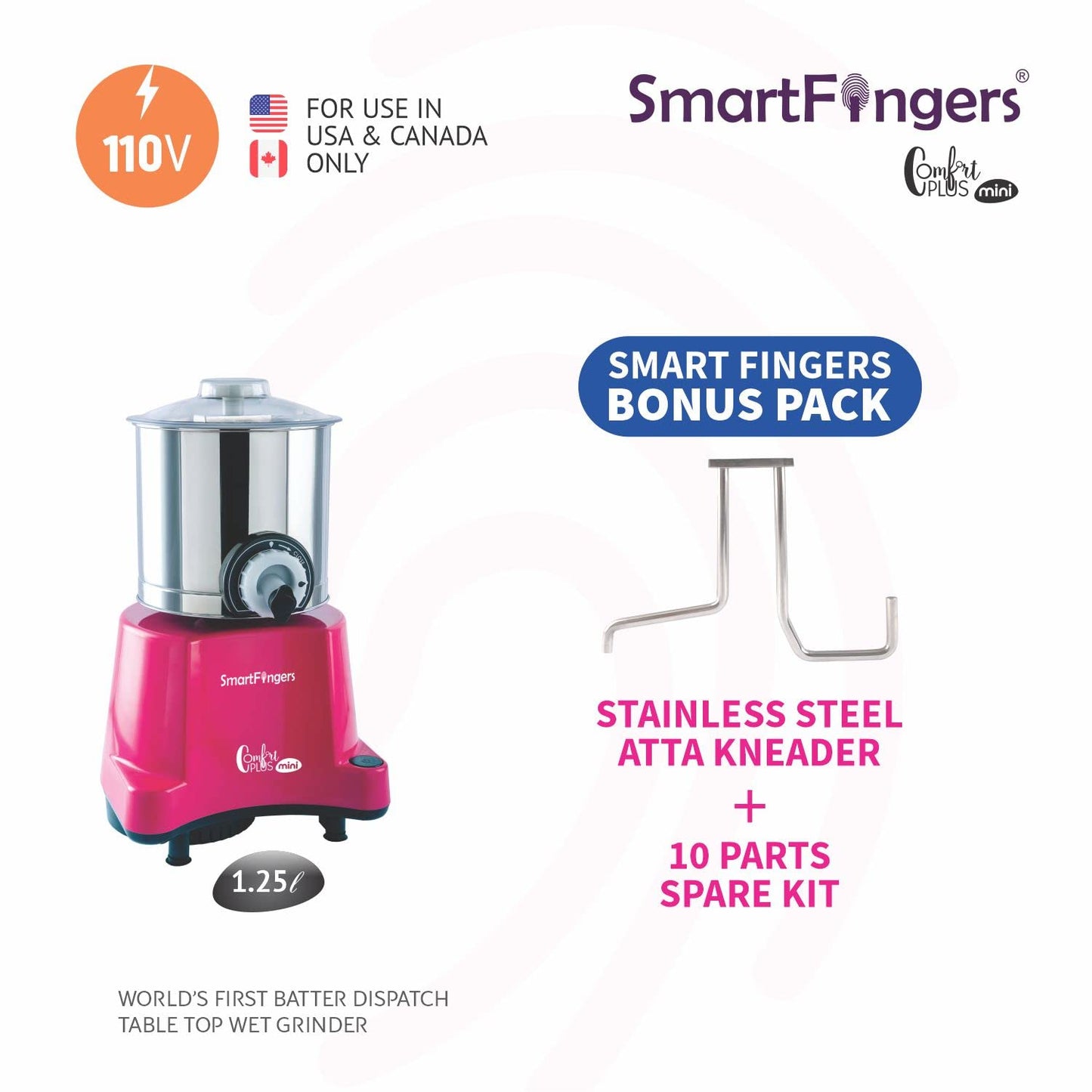SmartFingers Stainless Steel Comfort Plus Table Top Magic Wet Grinder 110V 60Hz (1.25 L) For Usa Canada And Japan Only, Pink