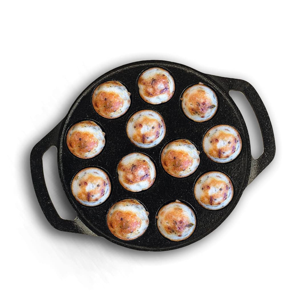 The Indus Valley Pre-Seasoned Cast Iron Paniyaram Pan With Loop Handle | 12Pit, 8.3Inch/21 Cm, 2.15Kg | Nonstick Appe/Paddu Pan, 100% Pure & Toxin-Free, Black