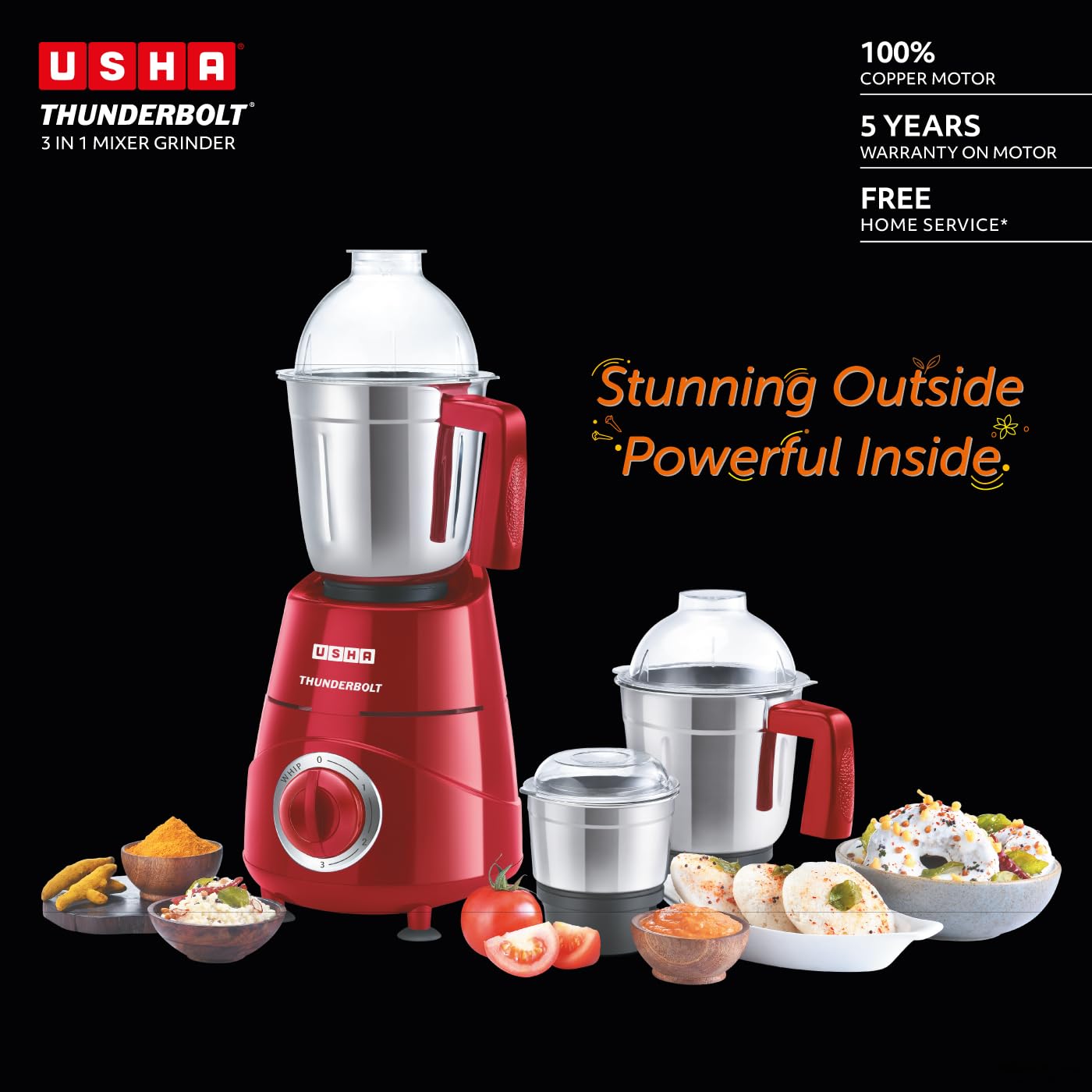 USHA Thunderbolt 800-Watt Copper Motor Mixer Grinder with 3 Jars and 5 Years Motor Warranty(Red)