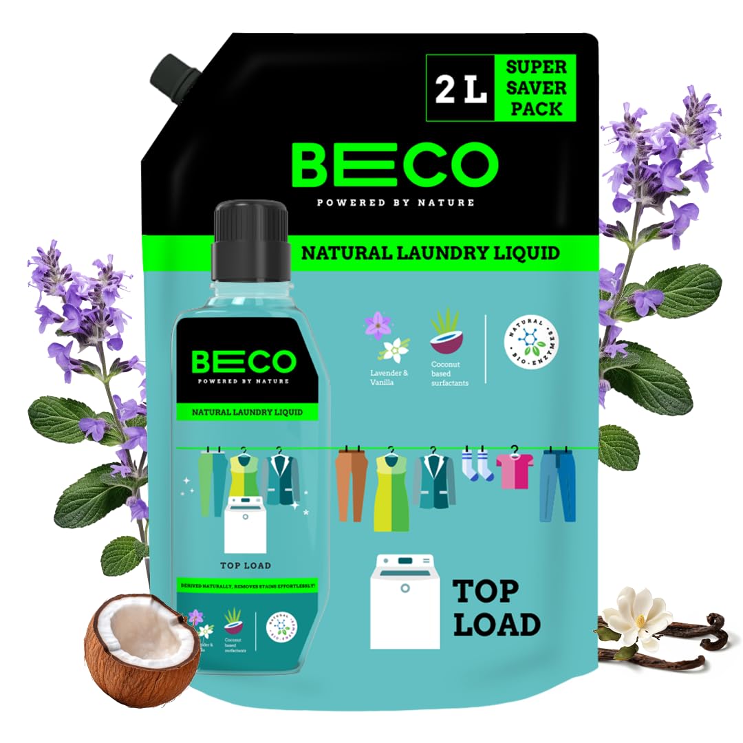 Beco Matic-Top Load Natural Laundry Liquid Detergent| 2 Litre Super Value Refill | Natural Formula for Tough Stain Removal & Fabric Care | No Harsh Chemicals | 100% Ecofriendly (2L)