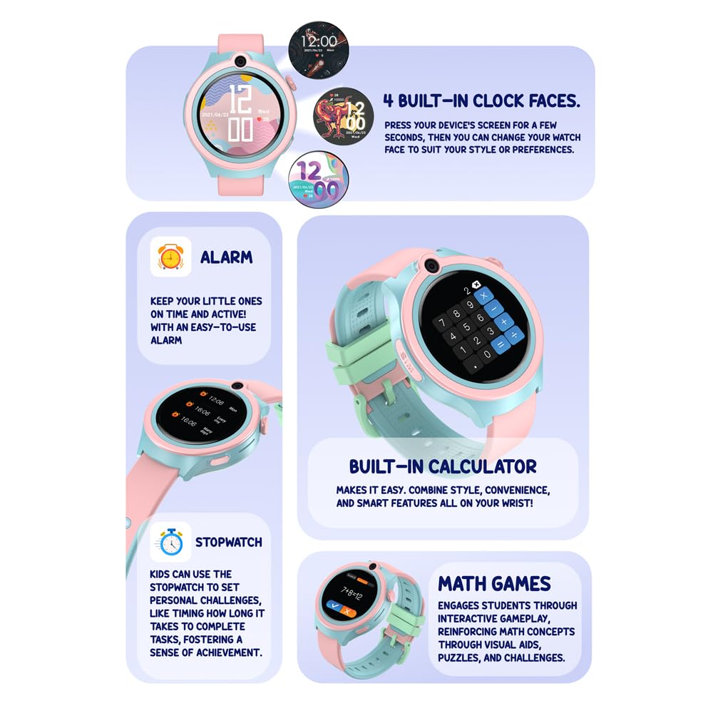 Spiky Cacus 4G Calling Multi-UI IPX7 Waterproof Kids Smartwatch | Rotatable Menu Dial,GPS Tracking, Video Call, Calling Watch, Games, Geo-Fencing, SOS | Best for Kids Girls & Boys 4-12 Years | Pink