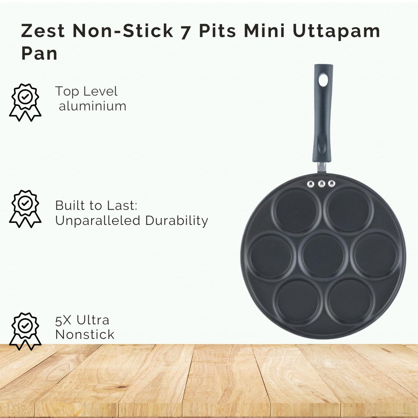 Vinod Zest Aluminium Non Stick Mini Uttapam Pan - 7 Cavaties, 26 cm | 3mm Thick | 3 Layer Coating | Bakelite Handle | Metal Spoon Friendly| Gas Base | 1 Year Warranty - Blue