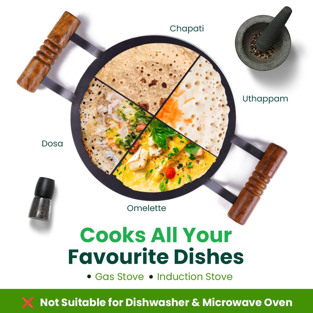 The Indus Valley Pre-Seasoned Round Iron Tawa with Wooden Handle | 12inch/30.4cm - 3.22kg | Induction Friendly | Pre-Seasoned Tawa, 100% Pure & Toxin-Free, No Chemical Coating