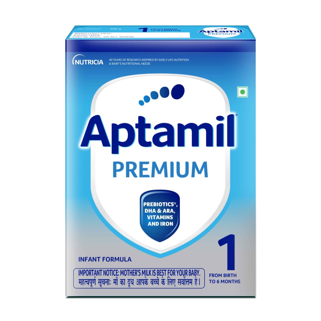 Aptamil Premium Infant Formula Milk Powder for Babies - Stage 1 (Upto 6 Months) - with Prebiotics and DHA - 400gms - BIB Pack