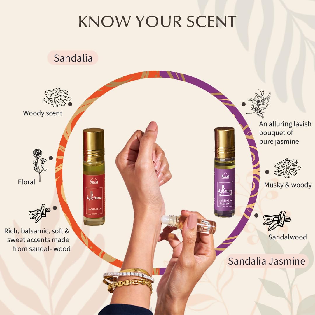 Sandalia Attar & Sandalia Jasmine Attar Oil by Dukhni | 2 x 6ml Arab perfume oils for men and women | 100% pure ittar roll on perfume, chandan, sandal, sandalwood oil, mogra | Islamic Fragrances
