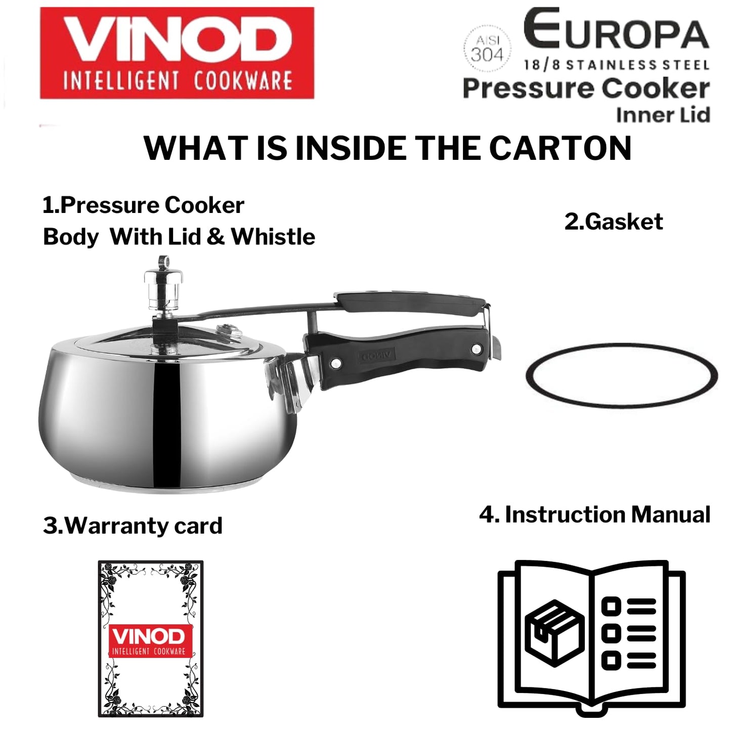 Vinod Europa Stainless Steel Inner Lid Pressure Cooker - 3 Litre | Handi Shape | Sandwich Bottom Cooker | Induction and Gas Base | ISI and CE certified - 2 Years Warranty