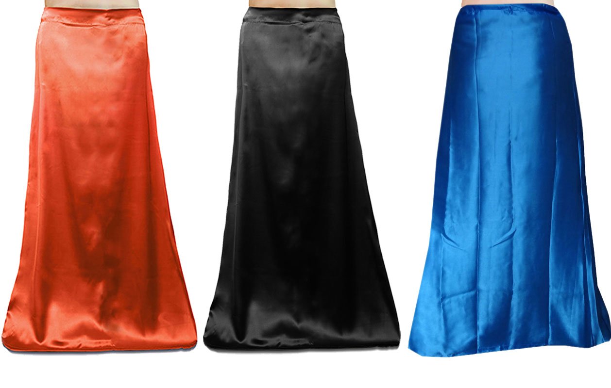 Bigfashionshop Combo Women's Silk Saree Satin Petticoat Inskirt (Orange, Black, Blue, Free Size) - Pack of 3