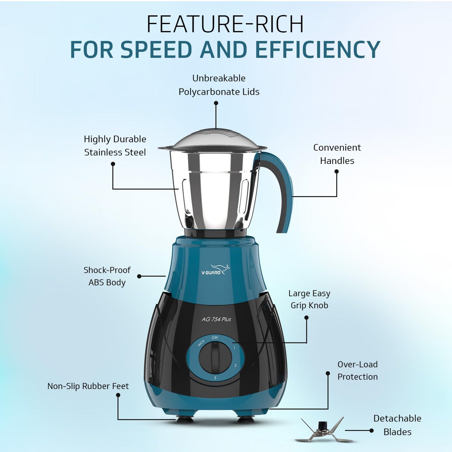 V-Guard AG 754 750 Watt Juicer Mixer Grinder, 3 Year Motor Warranty By V-Guard,4 Jars(Chutney, Dry, Wet & Juicer), Sturdy Juicer Jar with QuadraFlow Design, PrecisionBlend SS Blades, Blue-Black