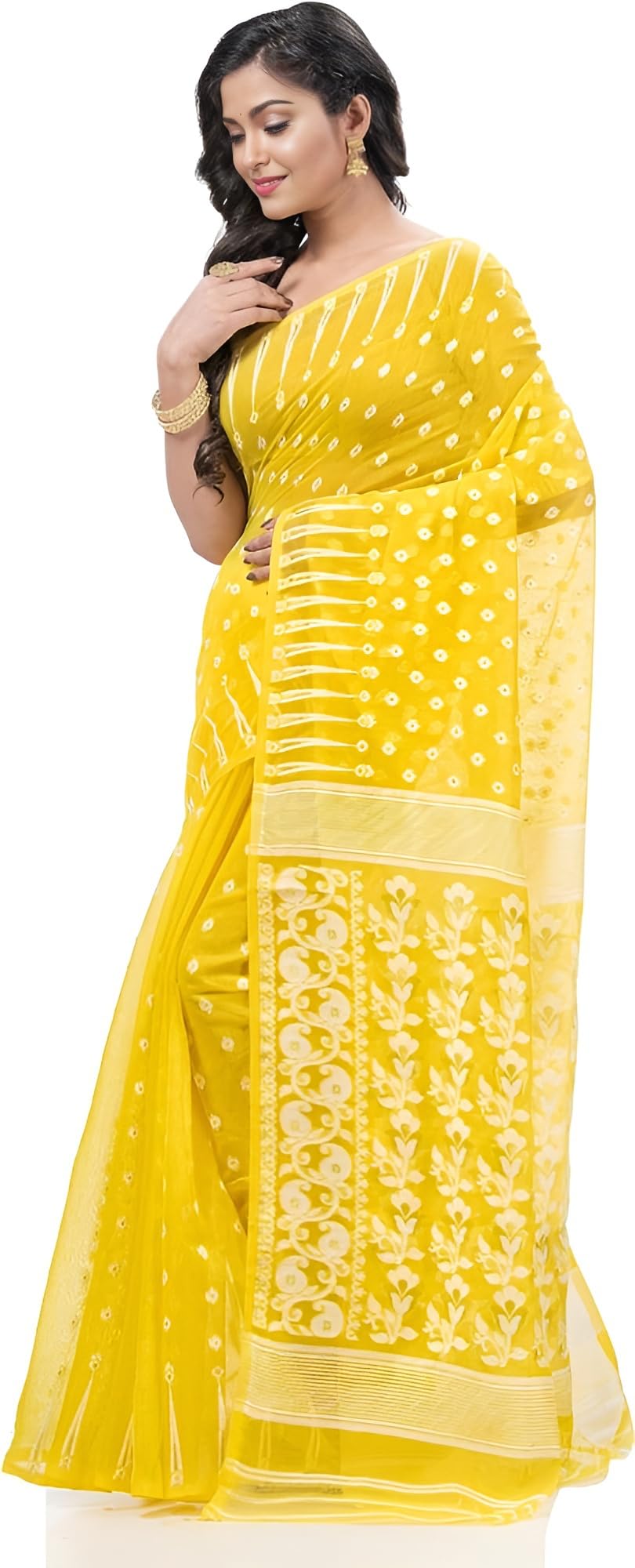 AS Aishwarya Sarees Cotton Silk Women's Bengal Special Soft Dhakai Jamdani Saree For Women With Blouse Piece (Yellow)