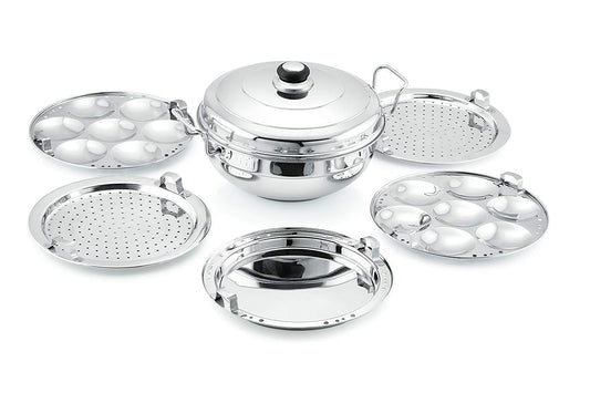 WayMore® Triply Multi Kadai Steamer with Induction & GasTop Compatible 5 Plate 2 Idli | 2 Dhokla | 1 Patra | Momo's | 28.5 cm Dia)