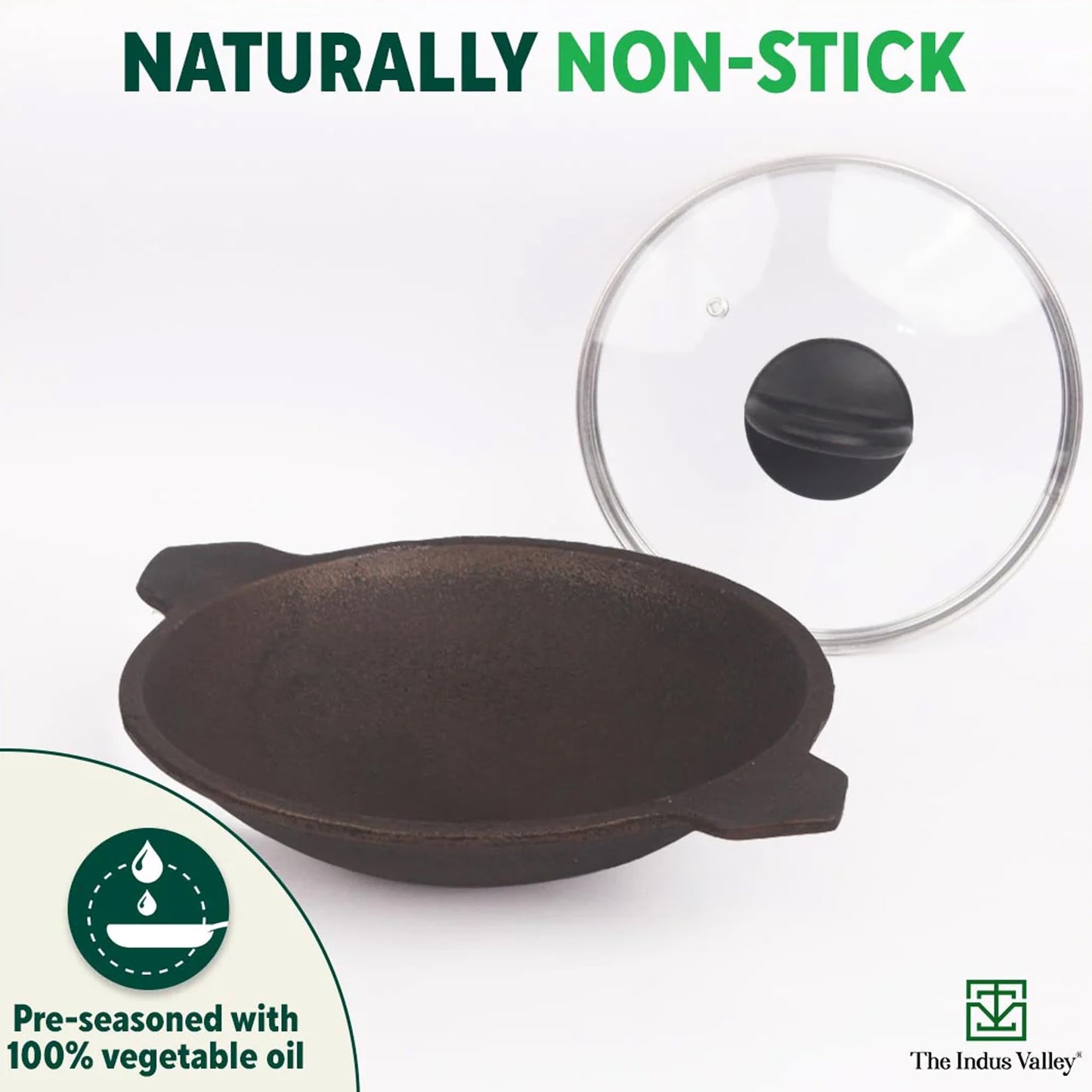 The Indus Valley Pre-Seasoned Cast Iron Appam Pan/Appachatty/Chetty Pan/Appam Patra with Glass Lid | 22 Cm/8.7 Inch, 1.5Kg | Gas Compatible | Nonstick Appam Pan, 100% Pure & Toxin-Free