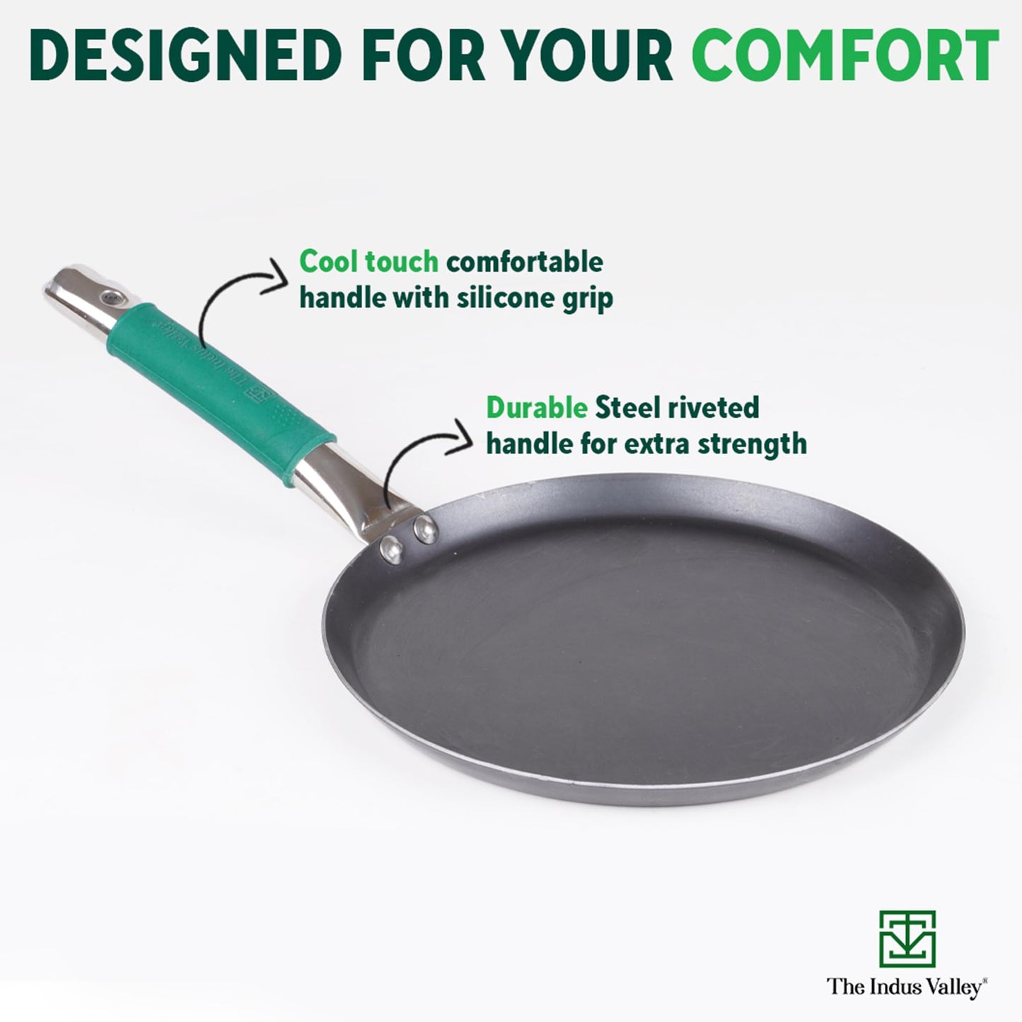 The Indus Valley Pure Iron Flat Tawa With Silicone Grip | 26Cm/10.2 Inch, 1Kg | Induction Friendly | 100% Pure & Toxin-Free, No Chemical Coating,Multicolor