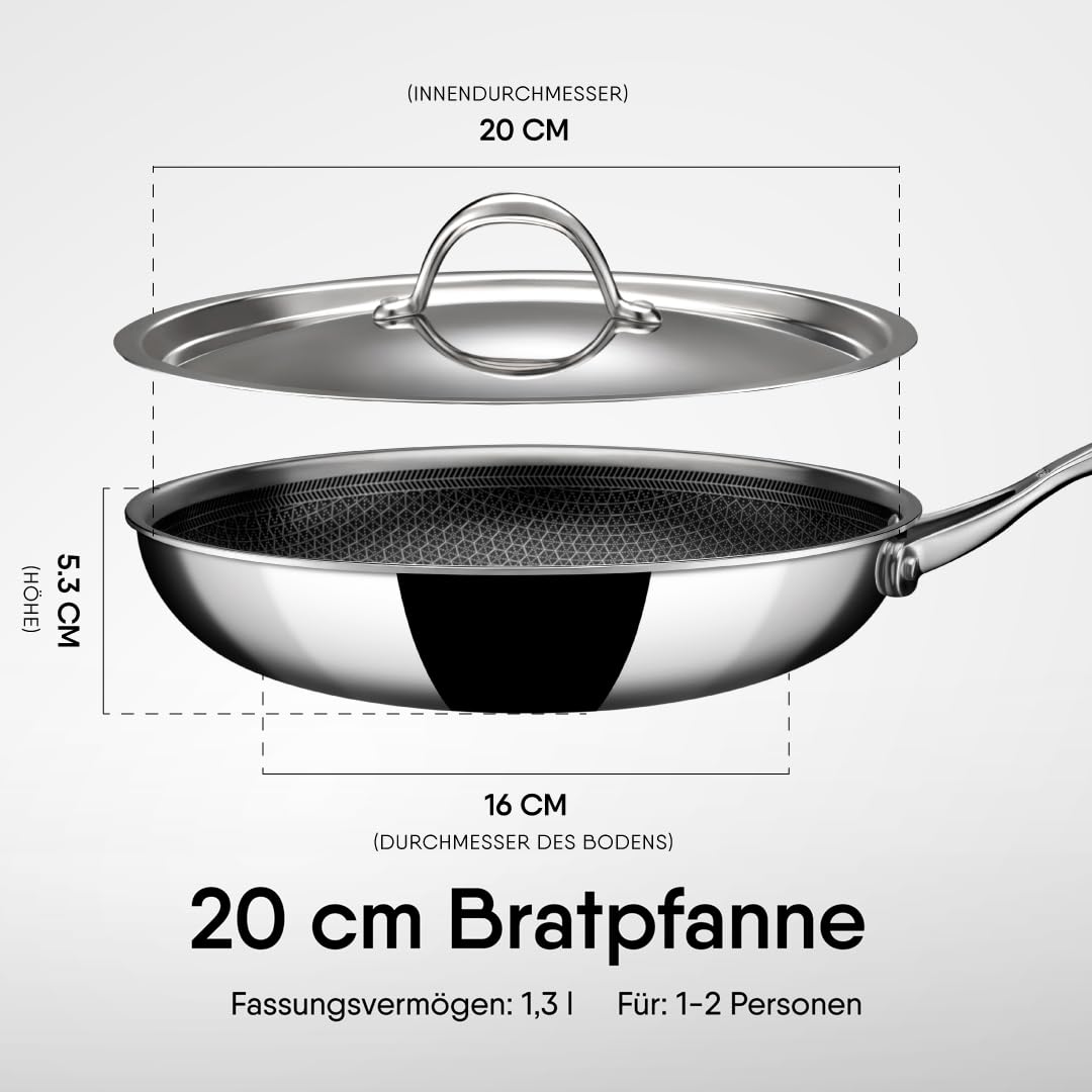 Stahl Artisan Hybrid Triply Frying Pan with Lid, Fry pan Induction Base, Frying pan Non Stick, Omelette Pan Non Stick, Frying pan Stainless Steel, 1.1 L, 20 cm
