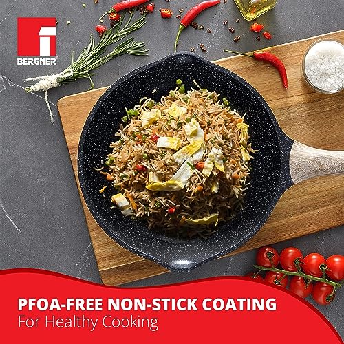 BERGNER Ultimate ILag Marble Non Stick Frypan/Frying Pan, 24 cm, 1.8 litres, Induction Base, Wooden Soft Touch Handle, Food Safe (PFOA Free), Thickness 4.5mm, 1 Year Warranty, Grey