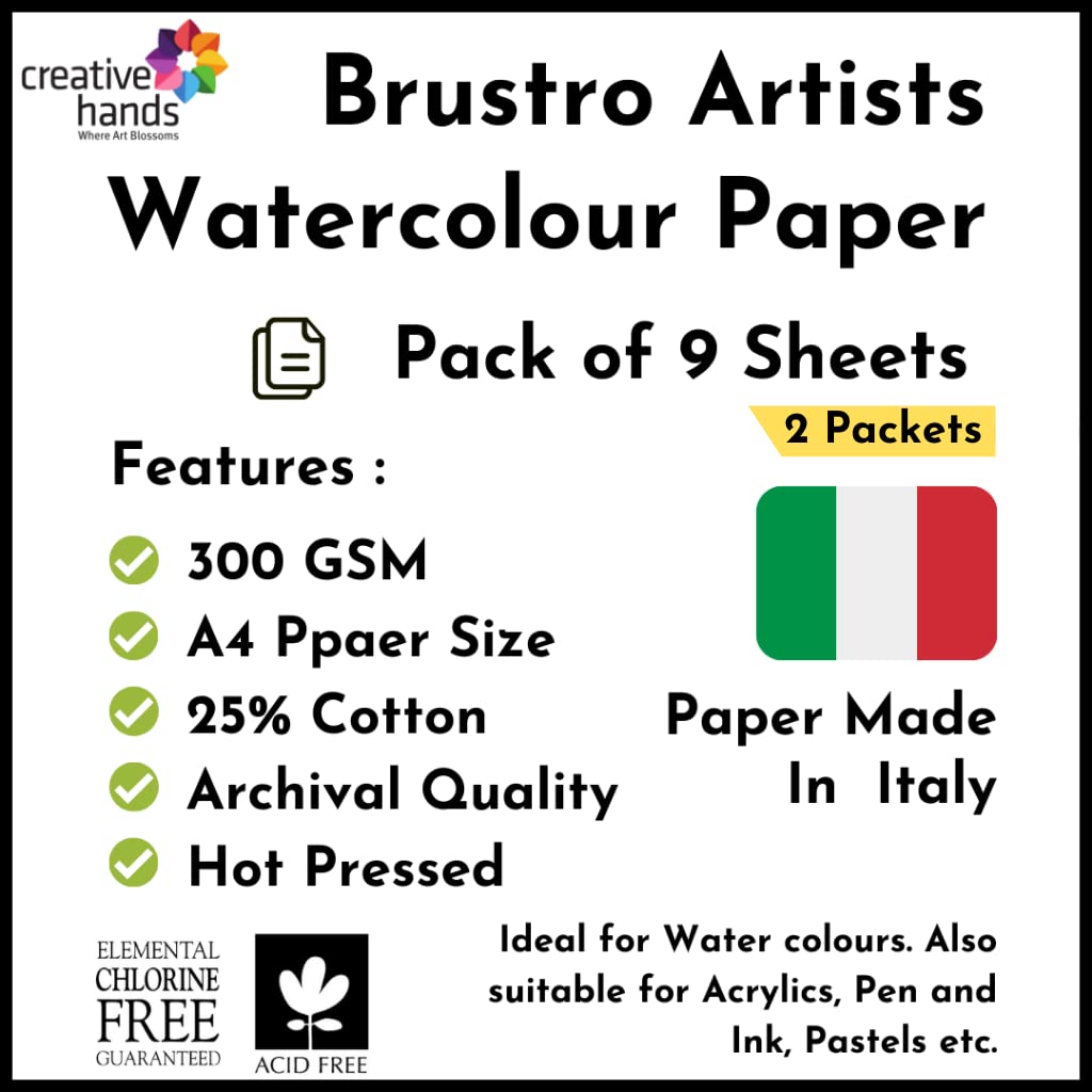 Brustro Watercolour Papers 25% Cotton HP 300 GSM A4 2 Packets (Each Pack contains 9 Sheets)