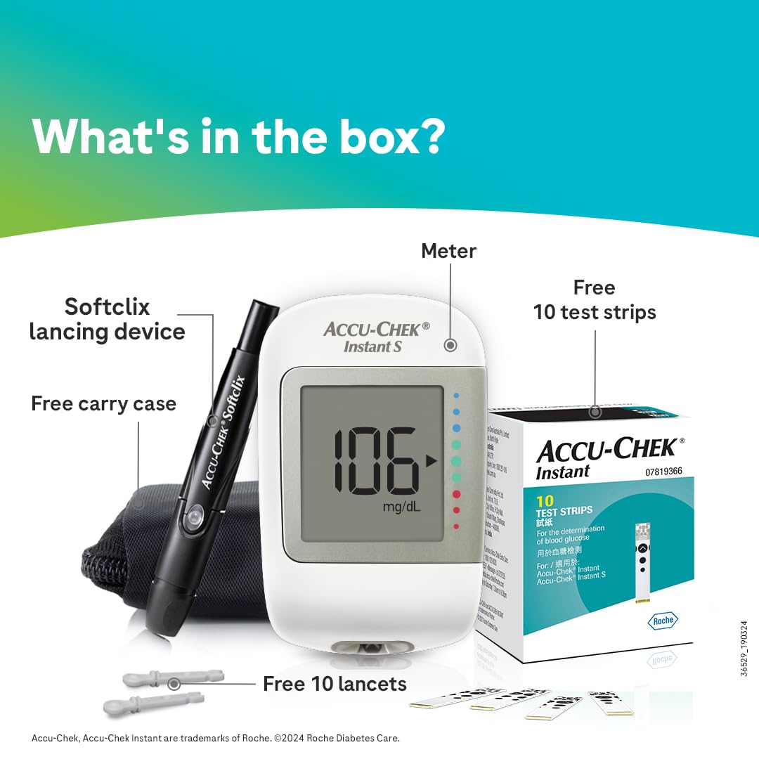 Accu-Chek Instant S Blood Glucose Glucometer Kit with Vial of 10 Strips, 10 Lancets and a Lancing Device Free for Accurate Blood Sugar Testing