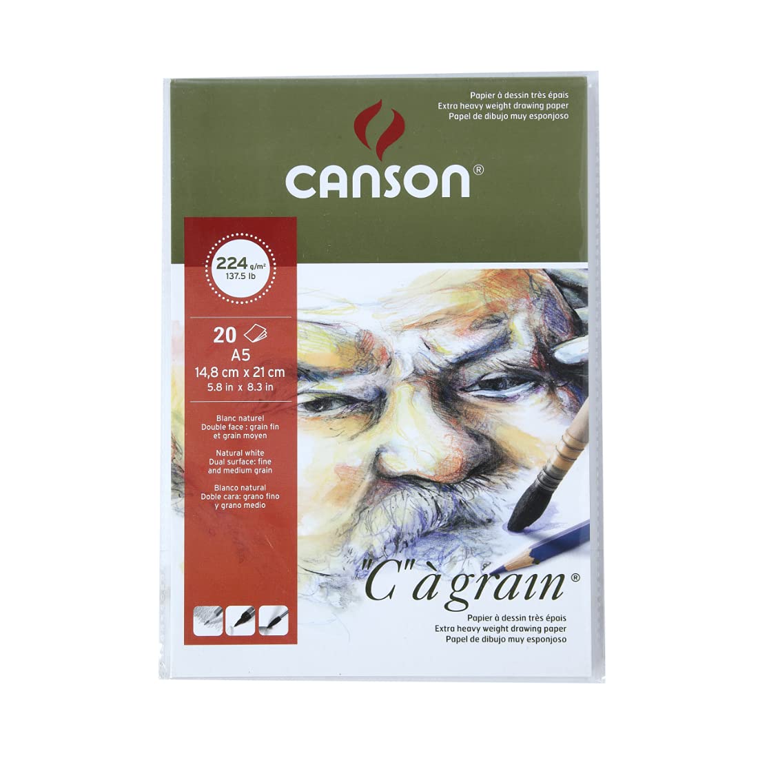 Canson C à  Grain Drawing 224 GSM Light Grain A5 Paper Sheets (White, 20 Sheets) (CN200021003)