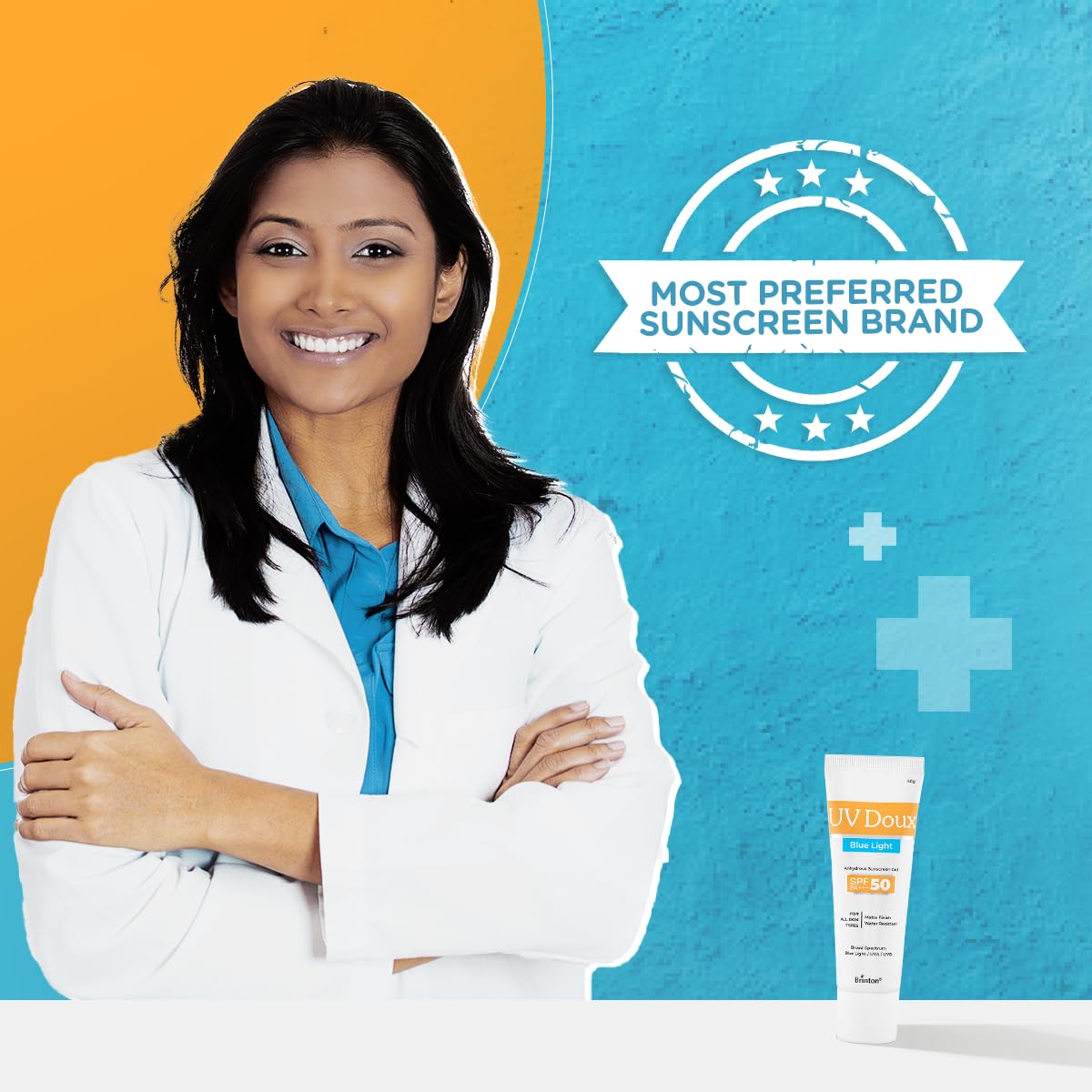 Brinton UV Doux Blue Light Sunscreen Protection Gel SPF 50 PA+++ UVA/UVB for Men & Women | Matte Finish & Water Resistant | For All Skin Types, 50g