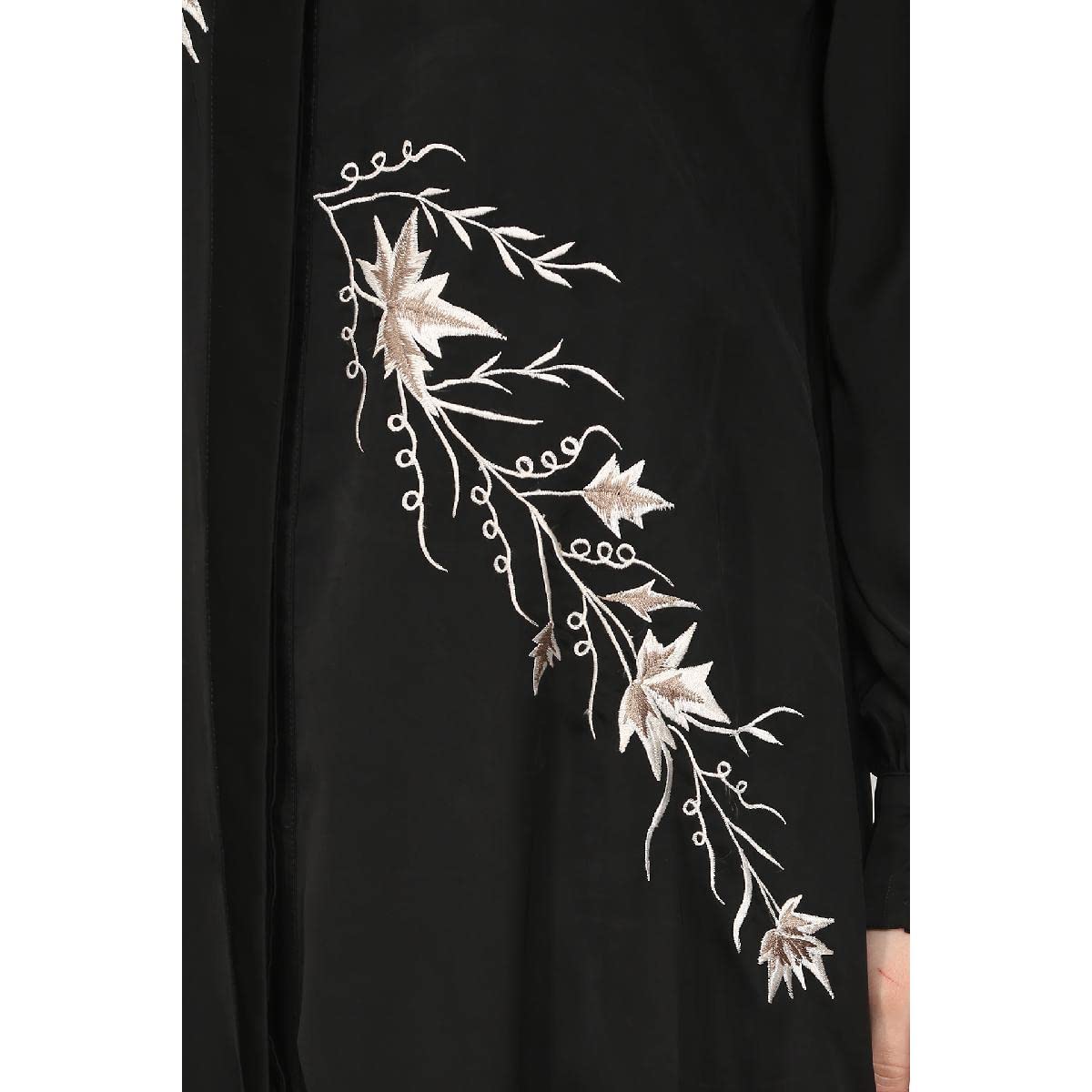 BT - Being Traditional Women’s Front Open Embroidery Abaya in Dubai Nida Fabric with Long Cuff Sleeves & Side Pocket (BT-EFOA-001) (L, Black)