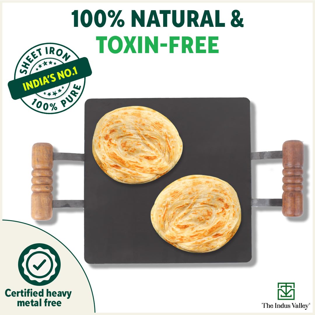 The Indus Valley Pre-Seasoned Square Iron Tawa with Wooden Handle | 30 cm/11.8 inch, 3.26kg | Induction Friendly | Pre-Seasoned Tawa, 100% Pure & Toxin-Free, No Chemical Coating