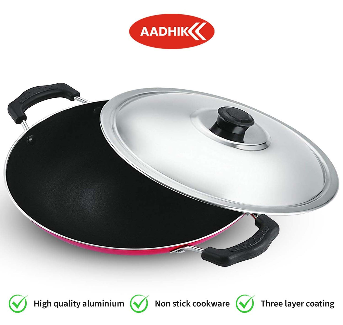 AADHIK Non-Stick Appa Chetty, Aluminium Appachatty, 23cm Diameter, 2.6mm Appachatti, Gas Compatible, Red