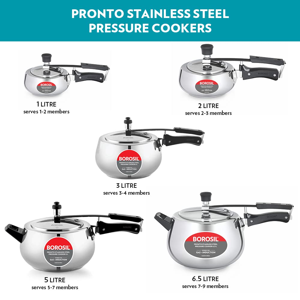 Borosil Pronto 1 L Inner Lid Stainless Steel Pressure Cooker | 6.8 mm Thick Base, Even Heat Distribution | Gas & Induction Campatible | 5 Years Warranty