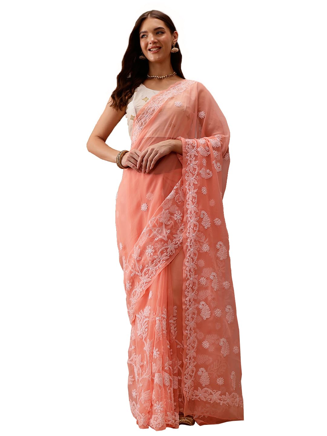Ada Latest Chikan Peach Georgette Fancy Saree Blouse With Designer Embroidered Motifs A130092