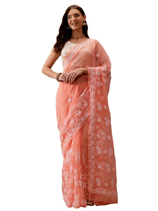 Ada Latest Chikan Peach Georgette Fancy Saree Blouse With Designer Embroidered Motifs A130092