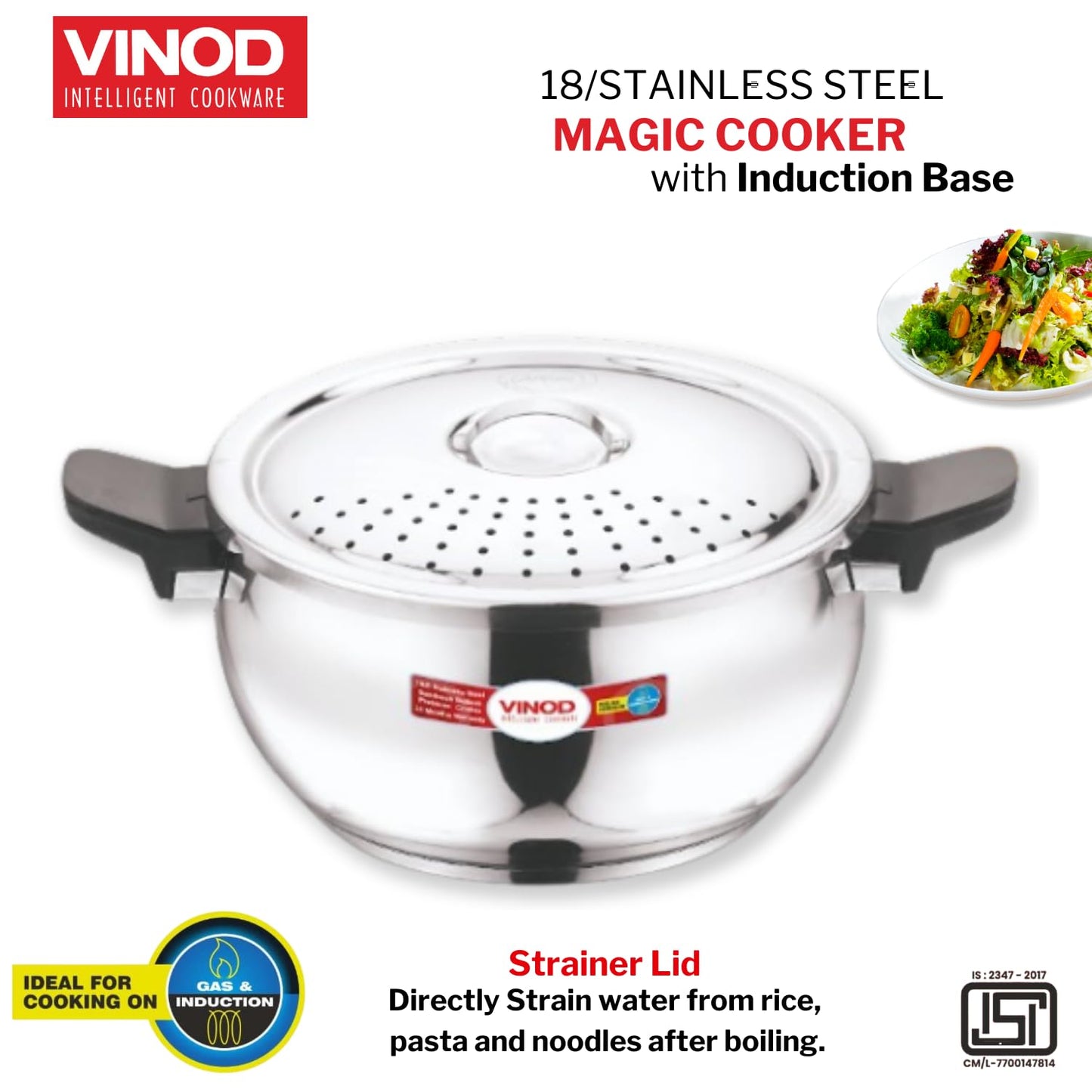 Vinod Magic Stainless Steel Smart 3 in 1 Pressure Cooker 3.5 Litre | 5mm Thick Base | All in One Cooker with Strainer & Glass Lid | Induction and Gas Base | ISI certified | 2 Years Warranty
