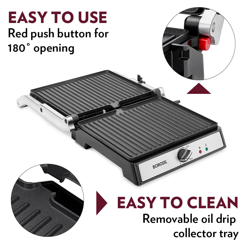 Borosil Super Jumbo Grill Sandwich Maker | Can Make 4 Sandwich At a Time | 2000W Electric Toaster Maker | Non-Stick Coating Plates Opens to 180°, BPA & PTFE Free | Power Indicators | 2 Year Warranty