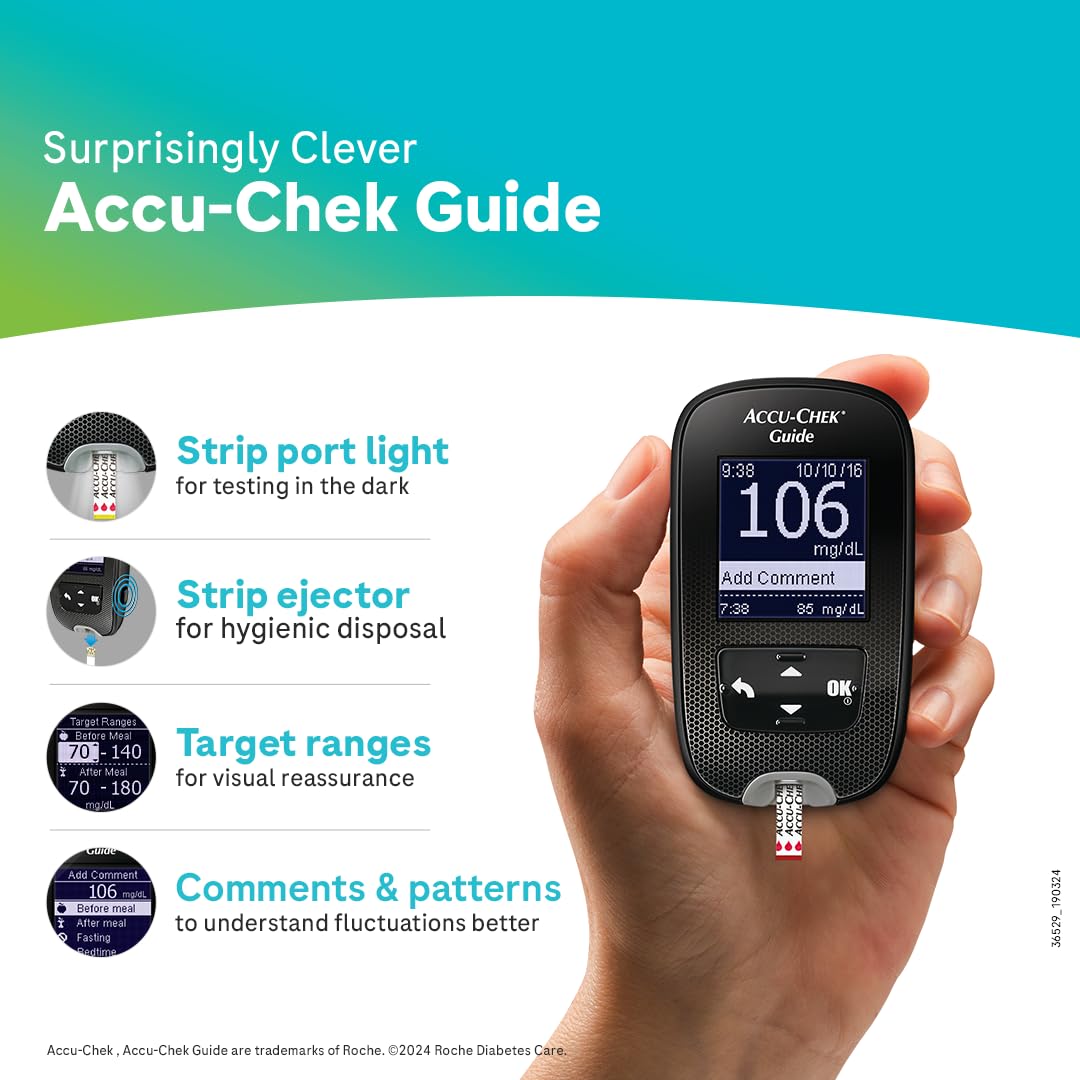 Accu-Chek Guide Blood Glucose Glucometer (with Bluetooth) Kit with Vial of 10 Strips, 10 Lancets and a Lancing Device FREE for Accurate Blood Sugar Testing