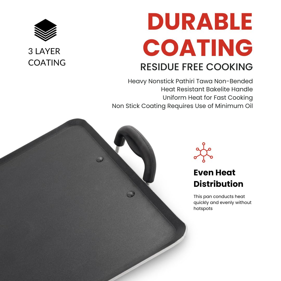 Blueberry's Nonstick Tawa, Dosa Roti Chapati Pathiri Tawa, Large Rectangular Aluminium Body, 38cm x 33cm with 4mm Thickness -Black (Pathiri Tawa)