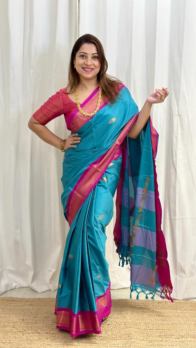 SGF11 Women's Kanjivaram Soft Lichi Silk Saree With Blouse Piece (Light Blue Pink)
