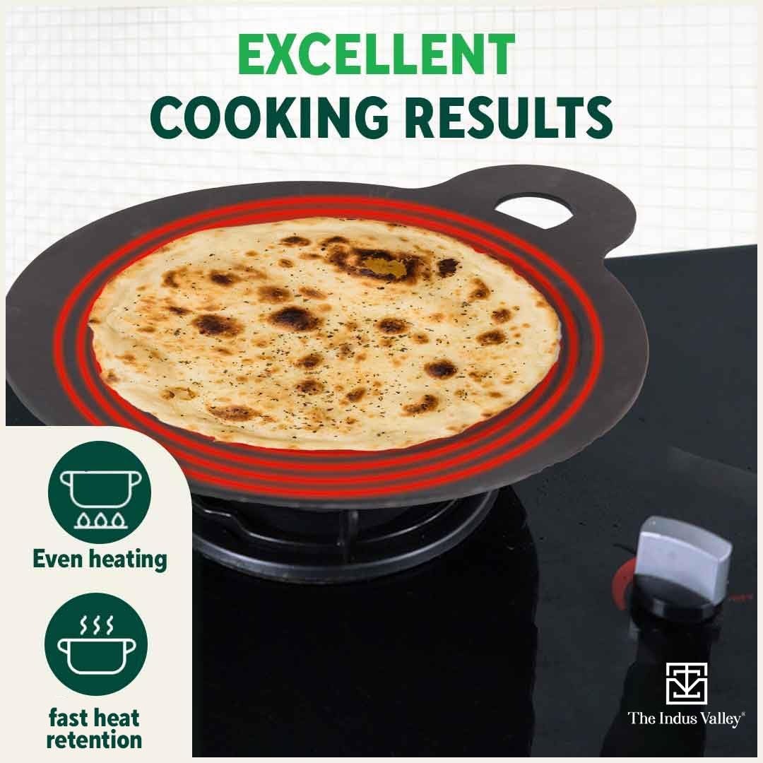 The Indus Valley Pre-Seasoned Iron Tawa with Wooden Spatula & Flip for Dosa/Chapathi | 28cm/11 inch, 1.5kg | Gas Compatible | 100% Pure & Toxin-Free, No Chemical Coating