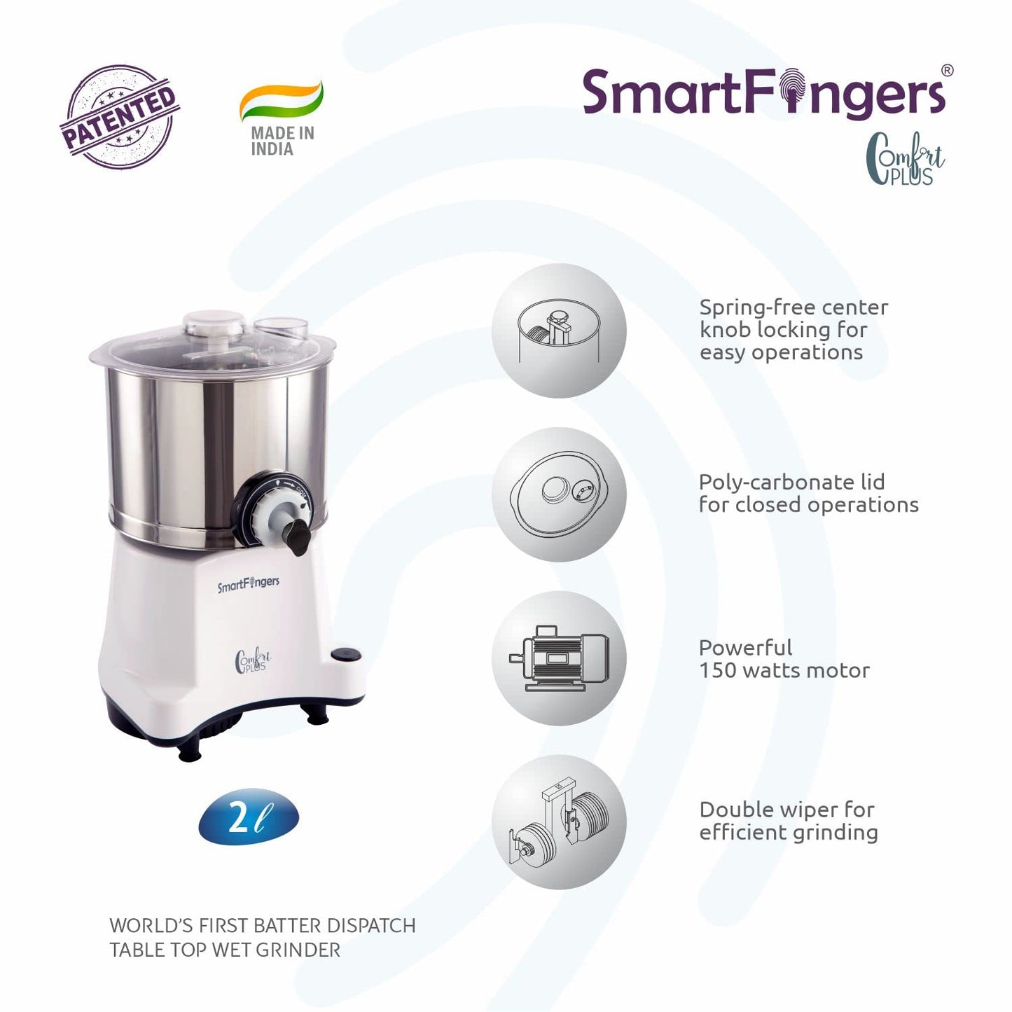 SmartFingers Comfort Plus Table Top magic Wet Grinder 230V 50hz, 2 Liter, White, 2 Stone
