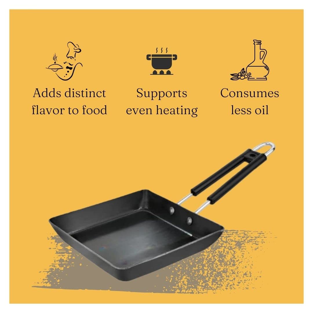 Being One Japanese Omelette Pan| Small Pan For Omelette| Square Frying Pan Mini Frying Pan Iron Omelette Pan With Steel Handle | Egg Pan| Coating Free Cookware | - 1 Count, Black