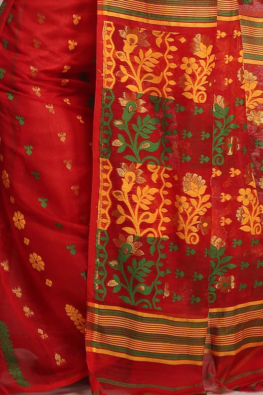 BENGAL HANDLOOM Women's Cotton Silk Dhakai Bbd3 Soft Jamdani Sarees - Yellow