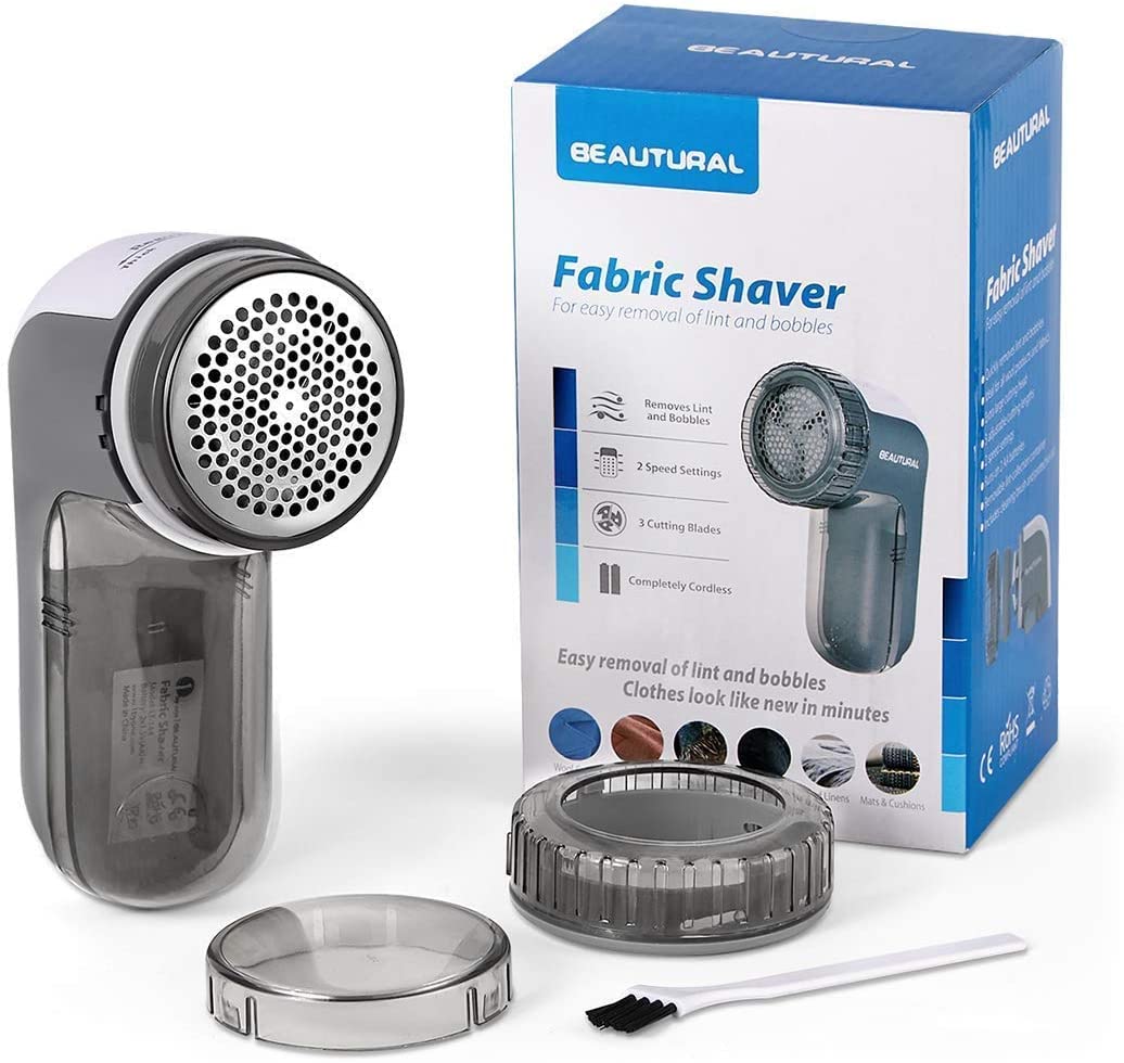 BEAUTURAL Portable Fabric Shaver and Lint Remover, Sweater Defuzzer with 2-Speeds, 2 Replaceable Stainless Steel Blades, Battery Operated, Remove Clothes Fuzz, Lint Balls, Pills, Bobbles