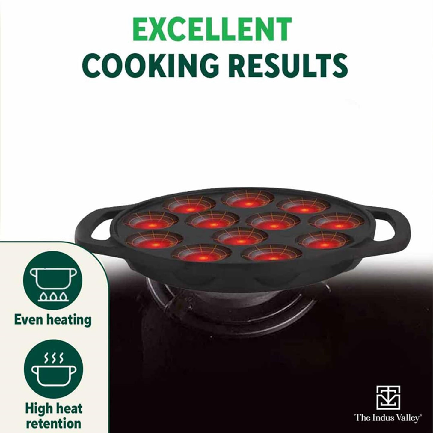 The Indus Valley Pre-Seasoned Cast Iron Paniyaram Pan With Loop Handle | 12Pit, 8.3Inch/21 Cm, 2.15Kg | Nonstick Appe/Paddu Pan, 100% Pure & Toxin-Free, Black