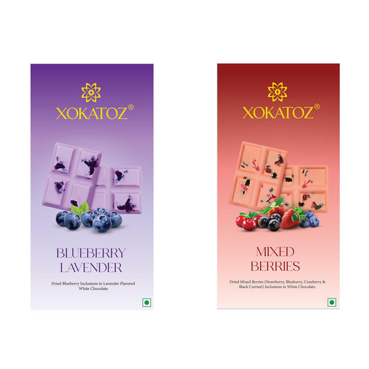 XOKATOZ Exotic Premium Chocolate - 1 Mixed Berries and 1 Blueberry Lavender Flavours - Flavoured White Chocolate Bars - Gift set - Pack of 2, 150g (75g x 2)