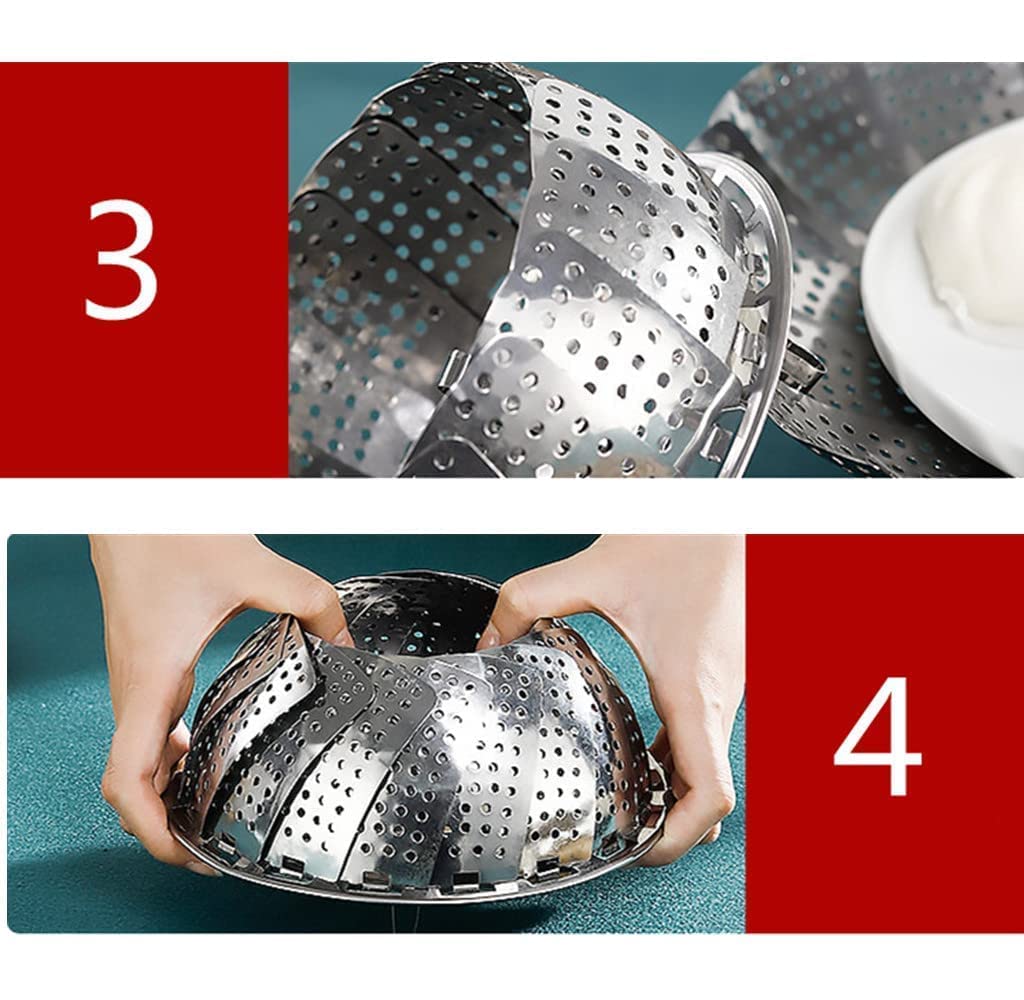 TCNAM Vegetable Steamer Basket, Folding Steamer to Fits Various Size Pot, Premium Stainless Steel Veggie Steamer Basket Insert for Veggie/Fish/Seafood/Momos/Fruits/Salad Cooking (SILVER, L)